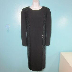 Louis Feraud 70s VINTAGE Womens Size 12 Black Silk Sequin Sheath Dress Rear Zip